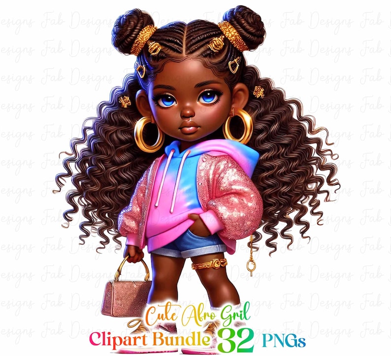 May include: A digital illustration of a young Black girl with long curly brown hair, wearing a pink and blue hoodie, denim shorts, and gold jewelry. She is holding a gold purse and has a gold chain around her wrist. The image is set against a white background.