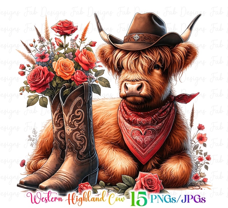 15 Western Cute Baby Highland Cow Clipart Bundle Highland Cow Clipart ...