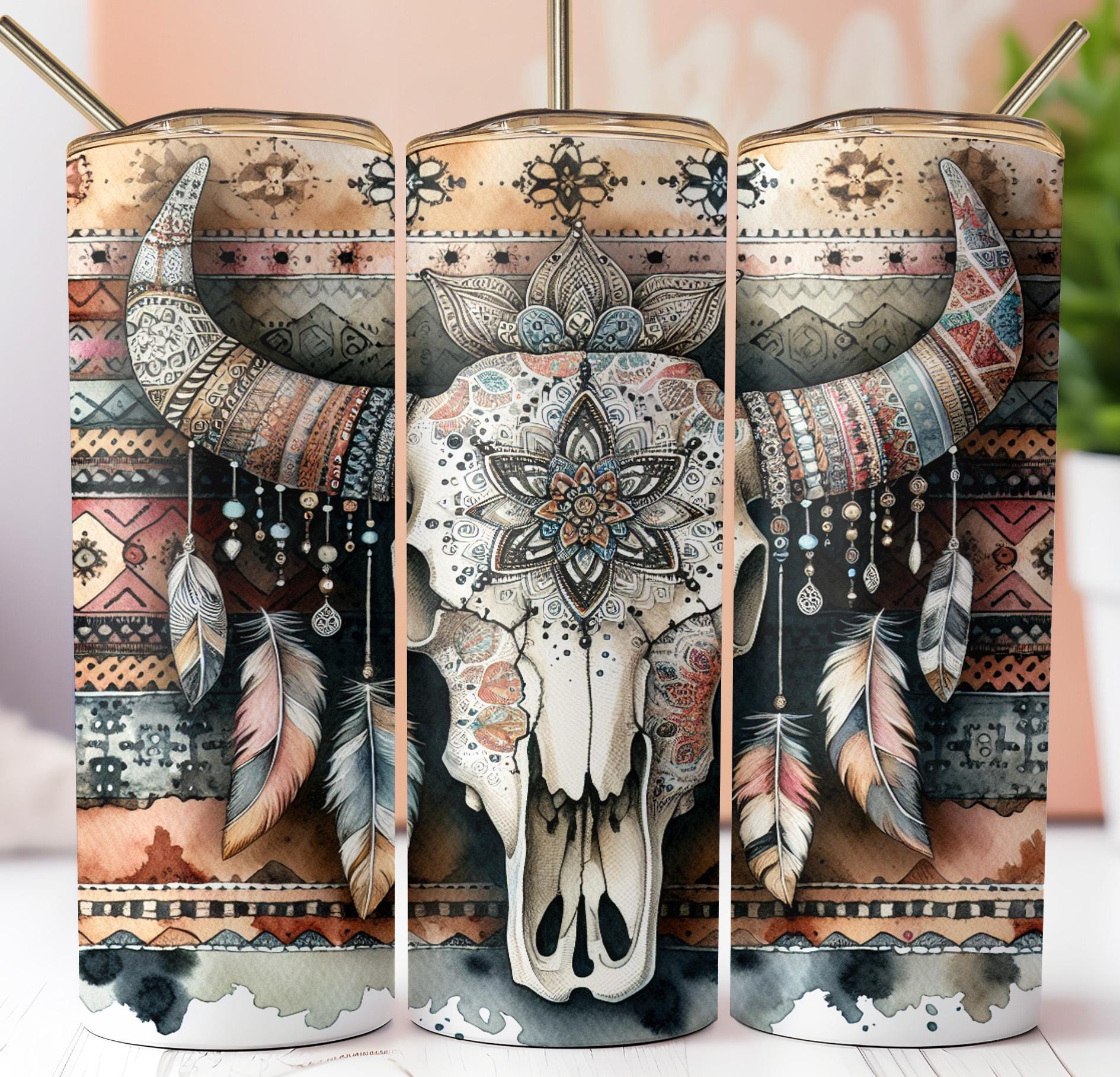 Boho Cow Skull Tumbler Wrap Bundle: Western Sublimation Design (digital ...