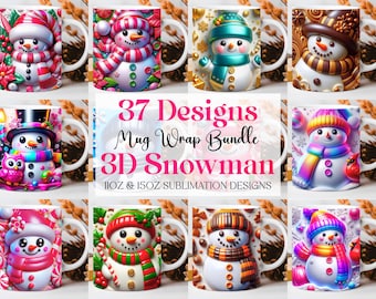 3D Snowman Mug Wrap Christmas Bundle Mug Wrap Sublimation Designs PNG, 11oz and 15oz Mug Template, Cute 3D Christmas Mug Wrap