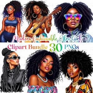 30 Fashionable Black Afro girl clipart bundle, Modern Black Girl, afro girl clipart, denim girl clipart, Boss girl Lady clipart, black girl