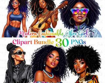 30 Fashionable Black Afro girl clipart bundle, Modern Black Girl, afro girl clipart, denim girl clipart, Boss girl Lady clipart, black girl