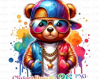 May include: A cartoon teddy bear wearing a blue and purple baseball cap, sunglasses, and a colorful jacket with a gold chain. The bear has a white t-shirt with a gold star on it. The background is a watercolor wash of blue, yellow, and pink.