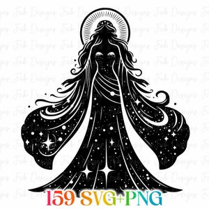 May include: Black and white silhouette of a celestial figure with flowing gown and halo. The dress is adorned with stars and celestial bodies. The image includes the text "159 SVG+PNG".