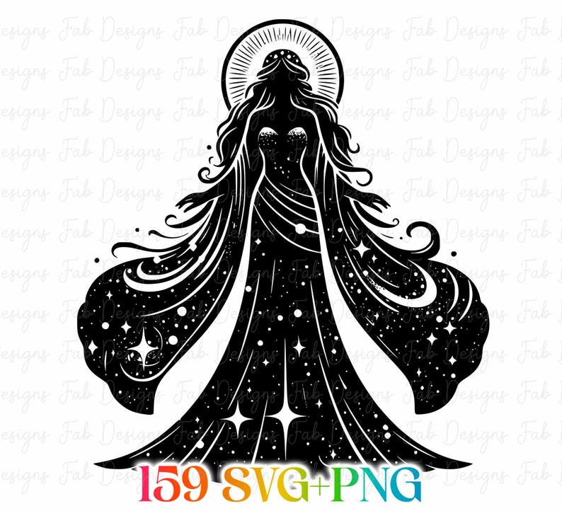 May include: Black and white silhouette of a celestial figure with flowing gown and halo. The dress is adorned with stars and celestial bodies. The image includes the text "159 SVG+PNG".