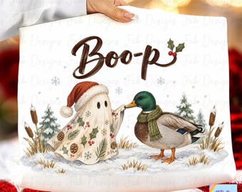 Boo-p Christmas Ghost Duck PNG, Cute Santa Hat Ghost Booping a Mallard in Scarf, Funny Christmas Duck Shirt, Spooky Christmas Sweatshirt