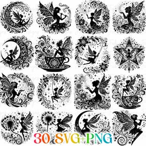 Pode incluir: Uma coleção de 30 desenhos de fadas em preto e branco, em várias molduras circulares e em forma de estrela. Cada desenho apresenta uma fada com asas detalhadas, rodeada por elementos florais e celestiais. O texto "30 SVG+PNG" está na parte inferior.