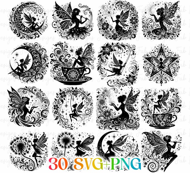 May include: A set of 30 black and white fairy illustrations, each within decorative frames. The designs include fairies with detailed wings, set amongst floral and star motifs. The text "30 SVG+PNG" is visible at the bottom of the image.