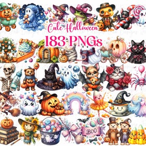 183 Cute Halloween Collection Clipart, Watercolor Halloween Clipart, Spooky Clipart, Black Cat PNG, Trick Or Treat, Halloween Party Decor