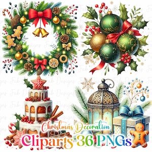 36 Christmas Decoration Clipart, High Quality PNGs, Digital Download, Card Making, Mixed Media, Digital Paper Craft, Christmas clipart