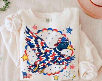 Camo Flying Mallard Duck PNG, 4th of July Patriotic Duck Hunting Sublimation Design, USA Red White Blue Digital Download