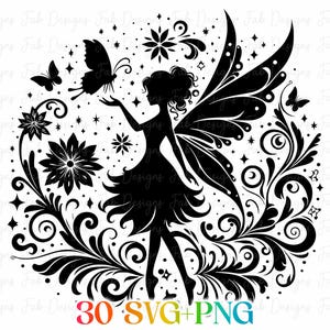 May include: A black silhouette of a fairy with large wings, surrounded by floral and swirling decorative elements, butterflies, and stars. The image includes the text "30 SVG+PNG" in a rainbow gradient.