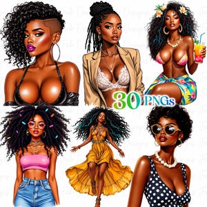 30 Fashionable Black Afro girl clipart bundle, Modern Black Girl, afro girl clipart, denim girl clipart, Boss girl Lady clipart, black girl