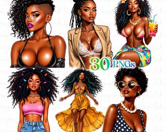 30 Fashionable Black Afro girl clipart bundle, Modern Black Girl, afro girl clipart, denim girl clipart, Boss girl Lady clipart, black girl