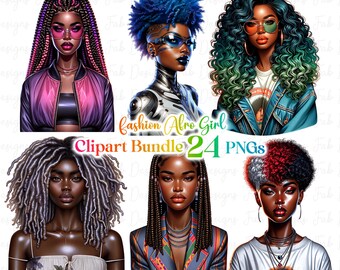 Lot de 24 cliparts fille noire à la mode, graphiques fille à la mode, clipart fille afro, clipart fille denim t, belle fille clipart noir