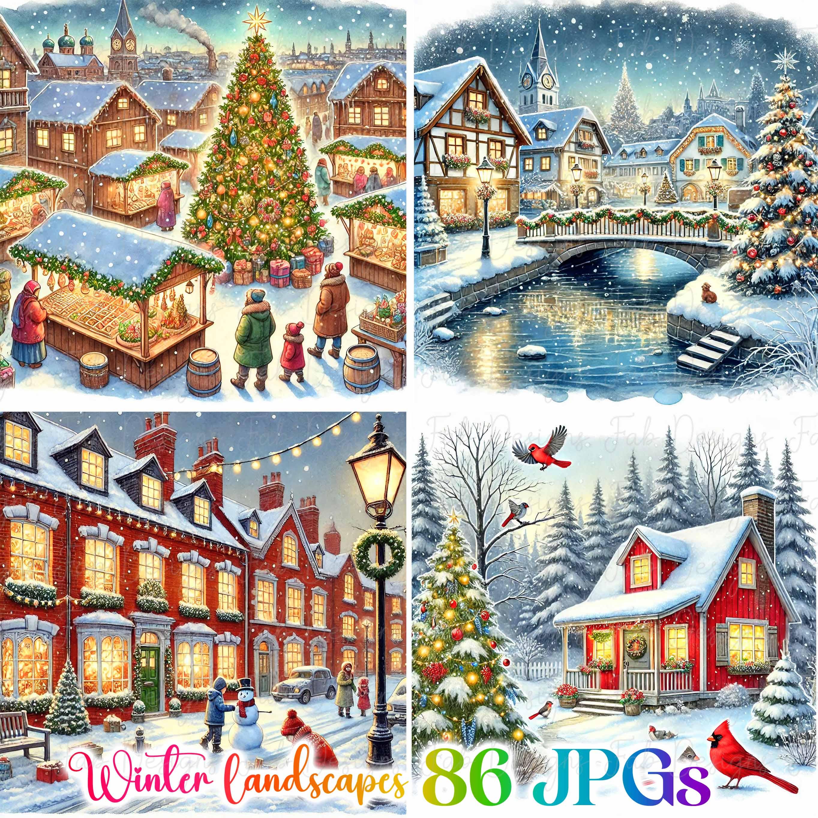 クリスマスの街並みとお祭りの家々のクリップアートセット - 86枚の高品質水彩JPG -  冬、ジャーナリング、スクラップブック用品、デジタルダウンロード - Etsy 日本