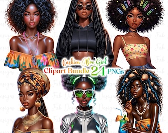 Lot de 24 cliparts fille noire à la mode, graphiques fille à la mode, clipart fille afro, clipart fille denim t, belle fille clipart noir