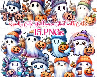 15 Pumpkin Halloween ghost Coffee Clipart, Halloween Cute ghost PNG, Halloween clipart, Kids Halloween digital prints, Halloween Sublimation