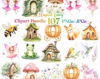 May include: A digital clipart bundle of 107 PNG and JPG images featuring magical fairy themed illustrations. The images include fairies, mushrooms, houses, a bee, a frog, a carriage, a fox, a bird, a hummingbird, a unicorn, and flowers.