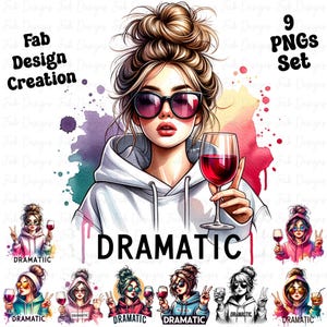 Puede incluir: Una ilustración digital de una mujer con un moño desordenado, gafas de sol y una sudadera con capucha blanca. Está sosteniendo una copa de vino tinto. La imagen está rodeada de un fondo de acuarela con tonos rosados, naranjas y morados. El texto "DRAMATIC" está escrito en letras grandes y negritas debajo de la mujer. Hay 9 imágenes más pequeñas de la mujer en diferentes poses y atuendos, cada una con la palabra "DRAMATIC" escrita debajo.