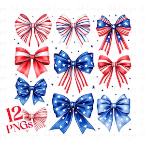 May include: Twelve digital images of red, white, and blue bows with stars. The bows are in various arrangements and are perfect for patriotic crafts and designs.