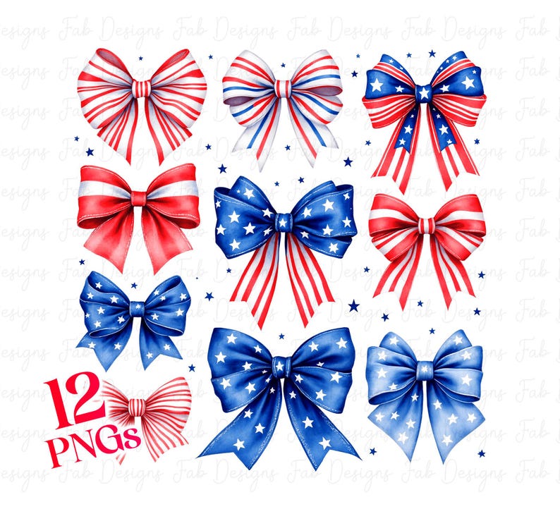 May include: Twelve digital images of red, white, and blue bows with stars. The bows are in various arrangements and are perfect for patriotic crafts and designs.
