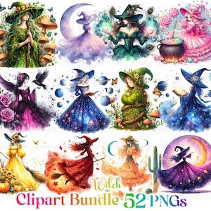 52 Watercolor Gothic Witch Collection Clipart, 12 PNG Halloween Clipart, Gothic Witch Clipart, Halloween Witch Clipart PNG, Commercial Use