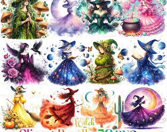 Watercolor Gothic Witch Clipart Collection: 52 Halloween PNG Images (Digital Download)