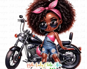 Bundle de 12 cliparts afro femme vélo Chibi, graphiques fille à la mode, clipart fille afro, clipart fille denim, clipart belle fille, fille noire png