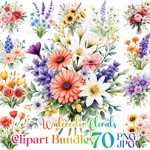 Watercolor Flower Clipart: 70 Floral Designs (Digital Download)