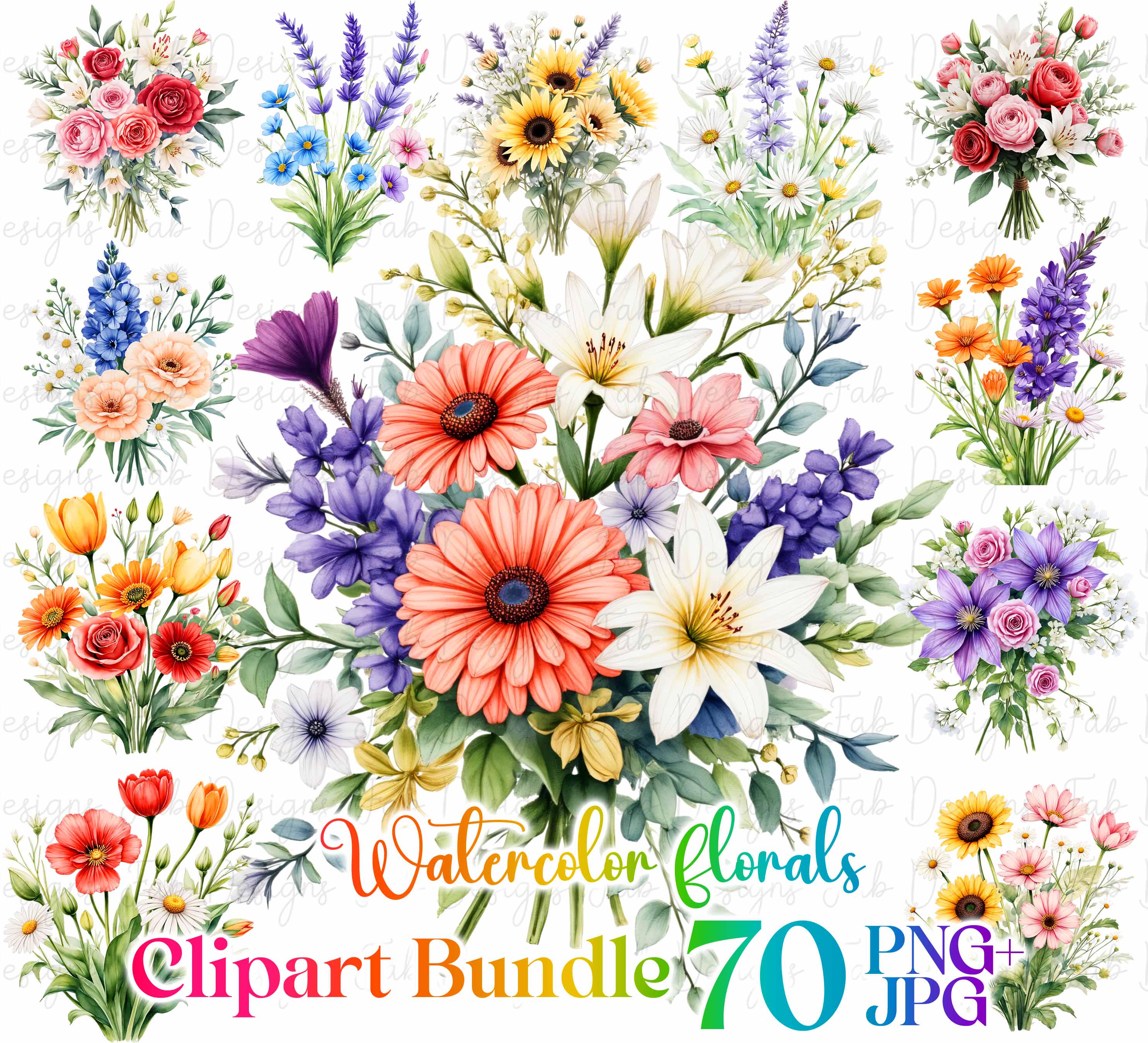 70 Watercolor Flower design,Watercolor Floral pattern,Flowers Digital Paper, Flower PNG, Watercolor Flower Clipart, Wedding Clipart, Florals