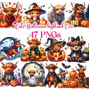 47 かわいいハロウィンハイランド牛のクリップアート、水彩ハロウィンクリップアート、不気味なクリップアート、黒猫PNG、トリック・オア・トリート、ハロウィンパーティーの装飾