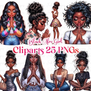 25 zwarte meid clipart bundel, modieuze meisje graphics, afro meisje clipart, denim meisje clipart, mooi meisje clipart, zwarte meid graphics