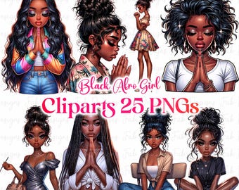 Lot de 25 cliparts fille noire, graphiques fille à la mode, clipart fille afro, clipart fille denim, clipart belle fille, graphiques fille noire