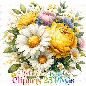 Paquete de imágenes prediseñadas de girasoles: ramo de flores amarillas, corona (descarga digital, uso comercial, PNG)