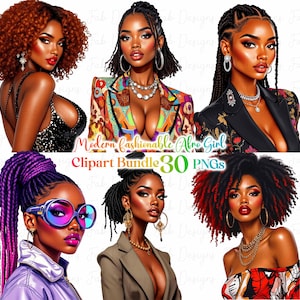 30 Fashionable Black Afro girl clipart bundle, Modern Black Girl, afro girl clipart, denim girl clipart, Boss girl Lady clipart, black girl