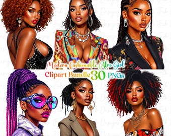 30 Fashionable Black Afro girl clipart bundle, Modern Black Girl, afro girl clipart, denim girl clipart, Boss girl Lady clipart, black girl