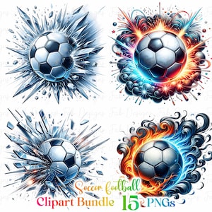 May include: Four digital illustrations of a soccer ball with different backgrounds. The first image shows a soccer ball breaking through ice crystals. The second image shows a soccer ball surrounded by a red, white, and blue firework explosion. The third image shows a soccer ball breaking through ice crystals. The fourth image shows a soccer ball surrounded by flames and smoke.
