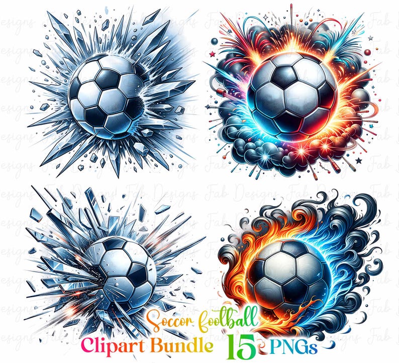 May include: Four digital illustrations of a soccer ball with different backgrounds. The first image shows a soccer ball breaking through ice crystals. The second image shows a soccer ball surrounded by a red, white, and blue firework explosion. The third image shows a soccer ball breaking through ice crystals. The fourth image shows a soccer ball surrounded by flames and smoke.