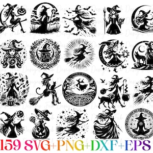 Könnte beinhalten: Ein Set mit 20 schwarzen und weißen Silhouette-SVG-Schnittdateien mit Hexen, Katzen, Fledermäusen und anderen Halloween-Motiven. Die Dateien sind perfekt für die Erstellung von Halloween-Bastelarbeiten, Dekorationen und vielem mehr.