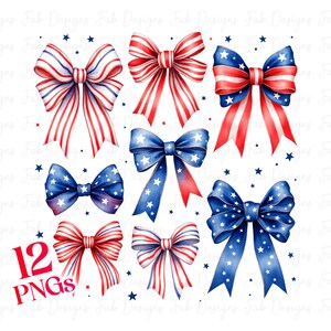 May include: Twelve digital images of red, white, and blue watercolor bows with stars. The bows are in various positions and are perfect for patriotic crafts and designs.