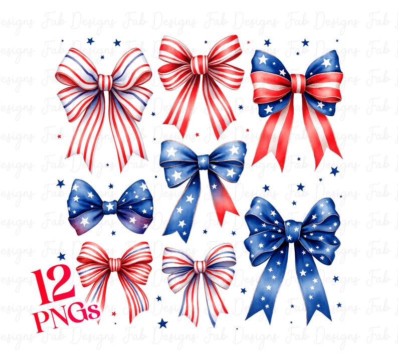 May include: Twelve digital images of red, white, and blue watercolor bows with stars. The bows are in various positions and are perfect for patriotic crafts and designs.