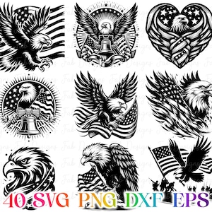 May include: A collection of black and white eagle designs, each with a patriotic theme. The images feature eagles with outstretched wings, American flags, and other patriotic symbols. The designs are suitable for various applications.