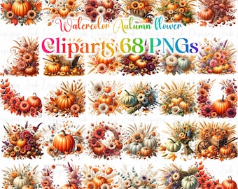 Watercolor Fall Clipart: Autumn Leaves, Flowers, Pumpkin (Digital Download PNG)