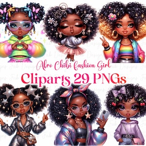 Black Chibi Girl Clipart Bundle: Afro Fashion Graphics (Digital Download
