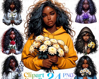 24 Black girl Birthmonth Flowers clipart bundle,African Girl Graphics,afro girl clipart,Praying girl clipart,beautiful girl clipart,Clipart