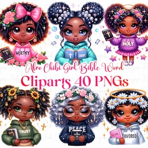 Black Chibi Girl Bible Clipart: Praying Afro Girl PNG (Digital Download)