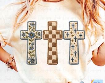 Faux Embroidery Cross PNG, 3 Embroidered Crosses Christian Design, Blue Floral Checkered Cross Shirt, Faith Sublimation DTF PNG