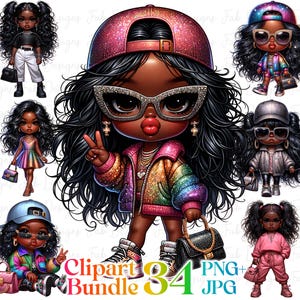34 Beautiful Little Black Girl clipart bundle, Fashionable Black Girl, afro girl clipart, denim Girl clipart, Boss Girl clipart, chibi girl