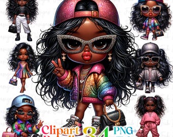 Lot de 34 clipart belle petite fille noire, fille noire à la mode, clipart fille afro, clipart fille denim, clipart fille patron, fille chibi